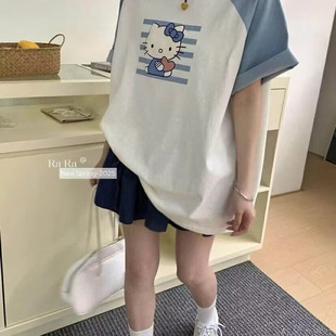拼色短袖 圆领宽松显瘦百搭休闲上衣表0.23 印花T恤女夏季 新款