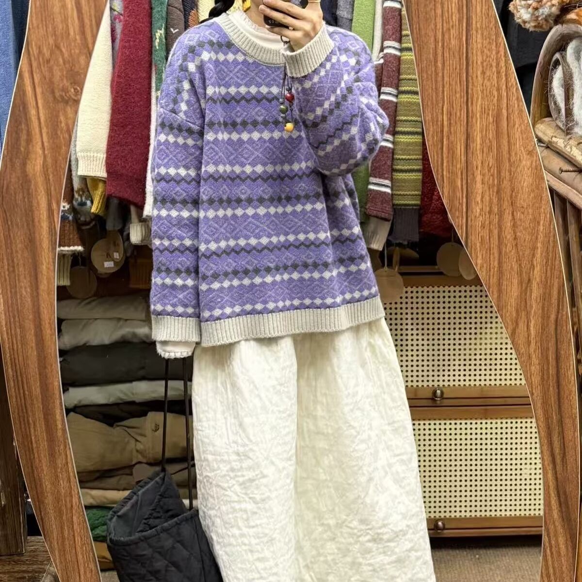 拼色圆领套头毛衣女冬新款宽松慵懒风百搭休闲针织打底衫特0.54