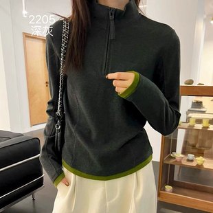 显瘦百搭休闲抓绒打底上衣汪0.31 修身 拼色立领长袖 T恤女秋冬新款