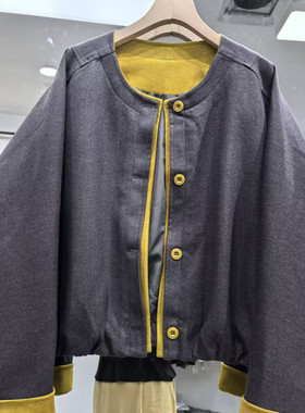 撞色拼接短款外套女秋季新款圆领宽松显瘦百搭休闲夹克度0.79