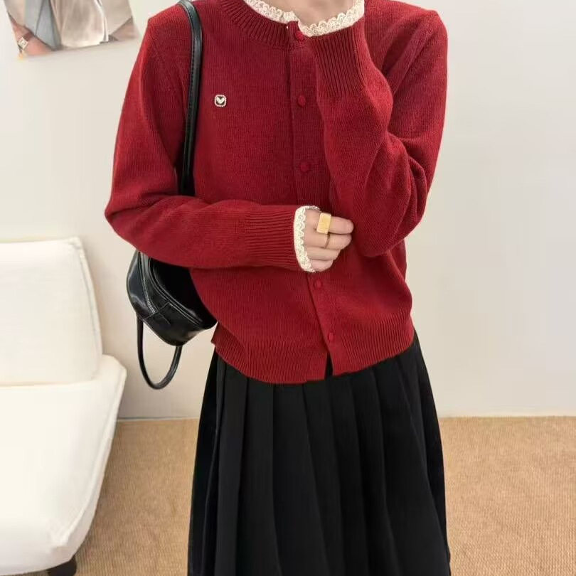 蕾丝拼接单排扣针织开衫秋冬新宽松显瘦百搭休闲打底毛衣特0.46,女装/女士精品,毛衣,淘宝优惠券,粉丝福利购,淘宝优惠卷