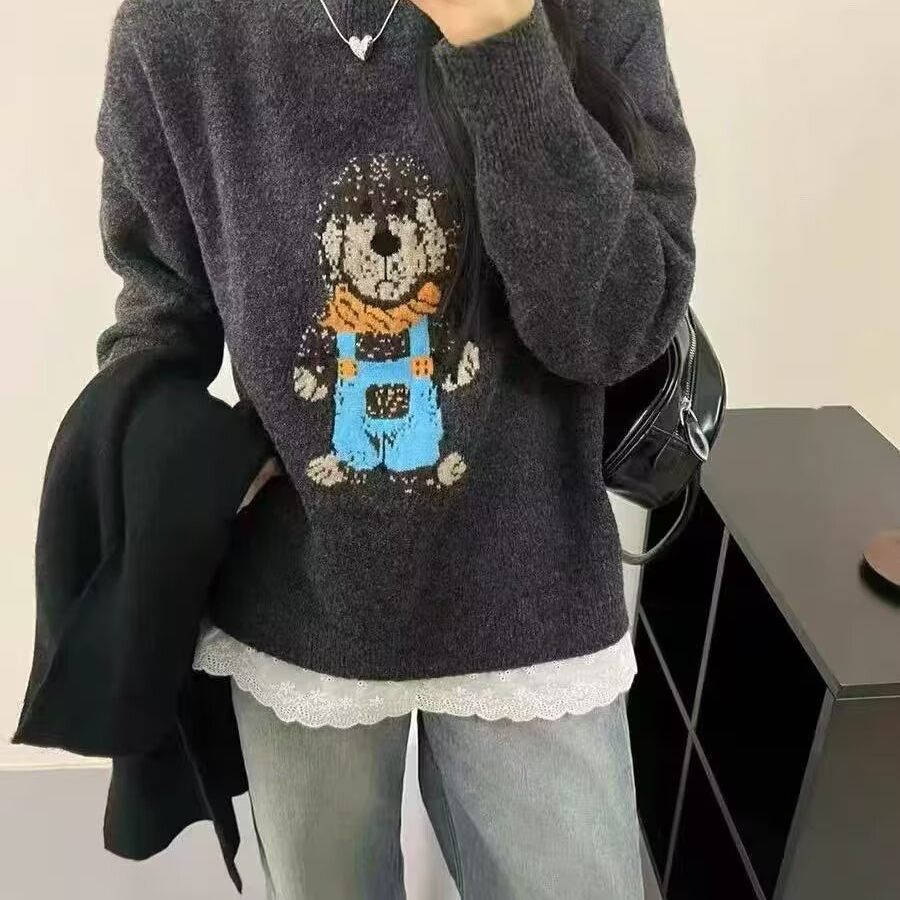 蕾丝下摆卡通针织衫毛衣