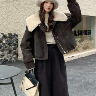 羊羔毛翻领麂皮绒羽绒服女冬新韩版百搭宽松休闲保暖外套霞1.06