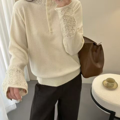 钩花半高领套头毛衣女冬季新宽松显瘦百搭休闲针织打底衫特0.34
