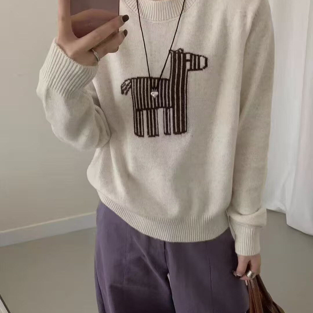 圆领印花套头毛衣女冬季新款宽松显瘦百搭休闲针织打底衫特0.38