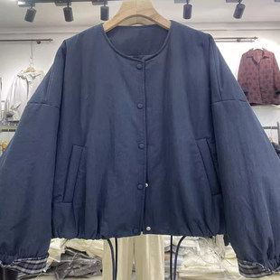 格子袖口棉衣女秋冬新款圆领下摆抽绳宽松休闲轻薄保暖棉服0.6