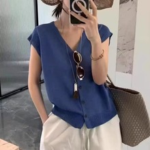 设计感V领冰丝短袖针织衫女夏季新款简约宽松显瘦百搭休闲特0.22