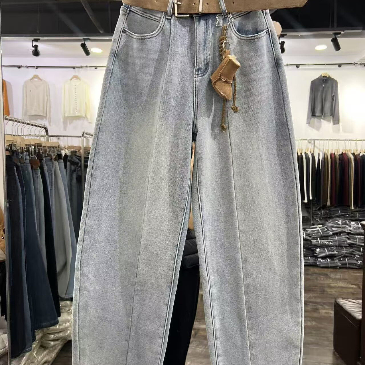 加绒加厚牛仔裤弯刀裤