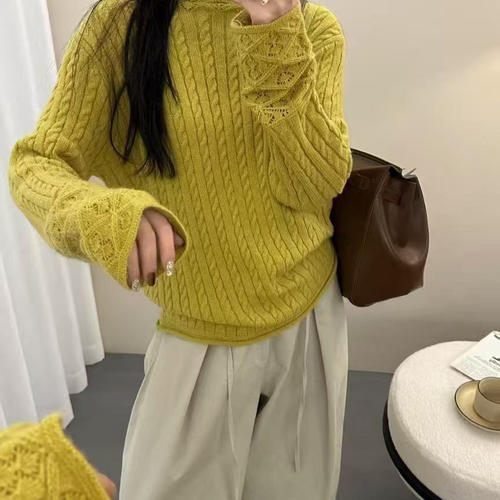 钩花半高领麻花套头针织衫女冬季新款宽松显瘦休闲打底毛衣特0.4