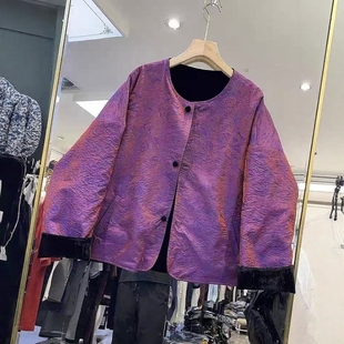 新中式国风丝绒提花两面穿外套女秋季新款圆领盘扣百搭上衣金0.44