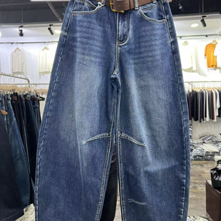 高腰宽松显瘦百搭休闲弯刀裤 新款 世1.1 女冬季 植绒阔腿牛仔裤