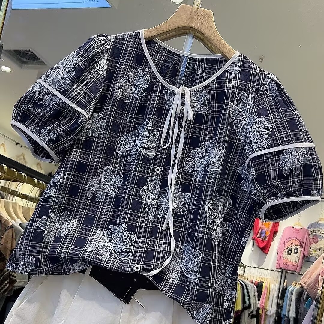 泡泡袖格子衬衫宽松显瘦