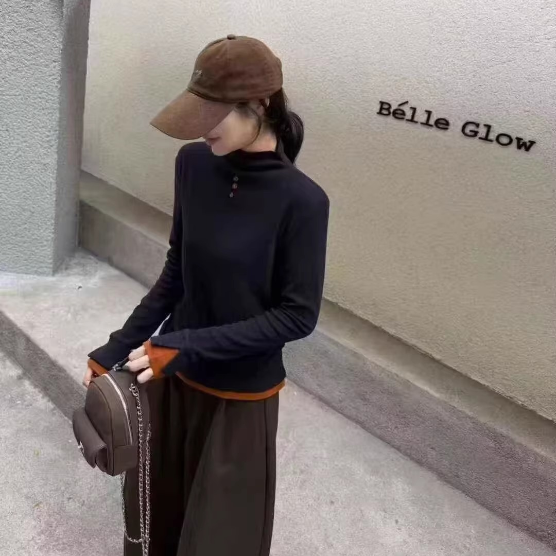 拼色长袖T恤打底衫半高领