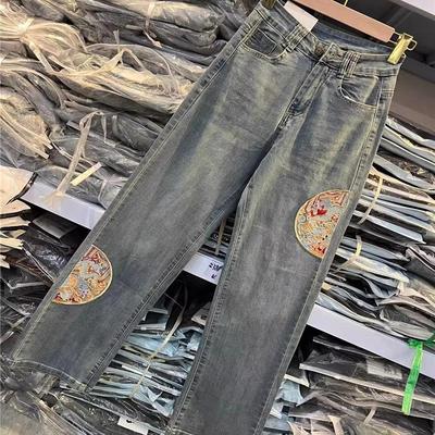 国风刺绣牛仔裤直筒裤