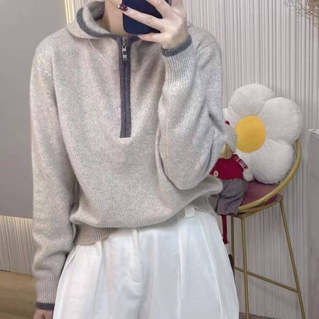 连帽半拉链撞色套头毛衣女冬季新宽松显瘦休闲针织打底衫焕0.57