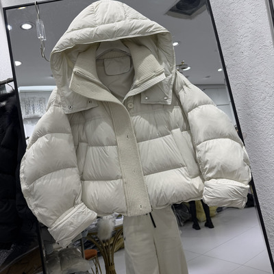 针织拼接连帽羽绒服女短款冬季新韩版宽松显瘦加厚保暖外套红0.82