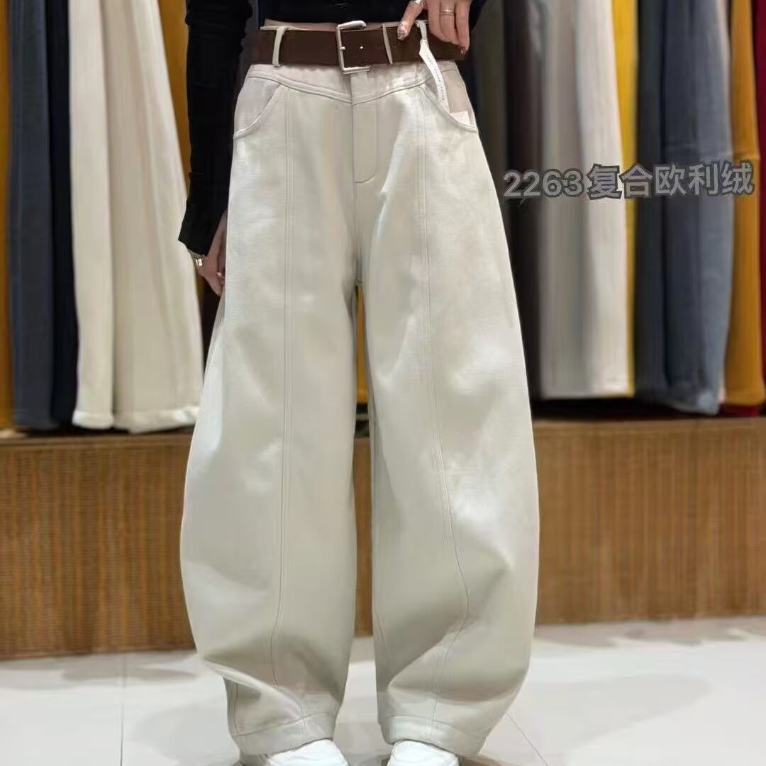 加绒加厚阔腿裤女冬季新款高腰宽松显瘦百搭休闲弯刀裤焕0.89