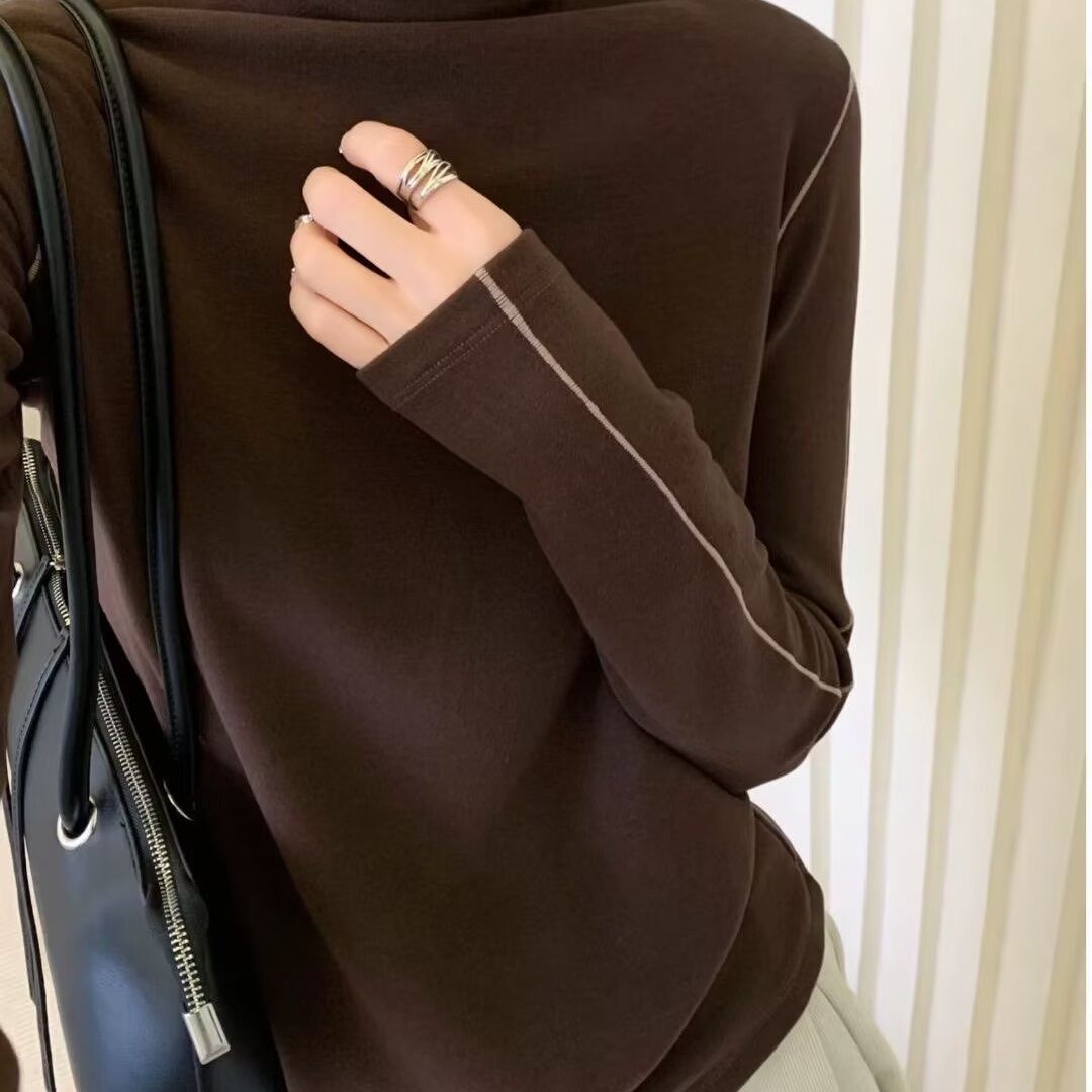 半高领抓绒长袖T恤女冬季新款修身显瘦简约百搭休闲打底衫汪0.27