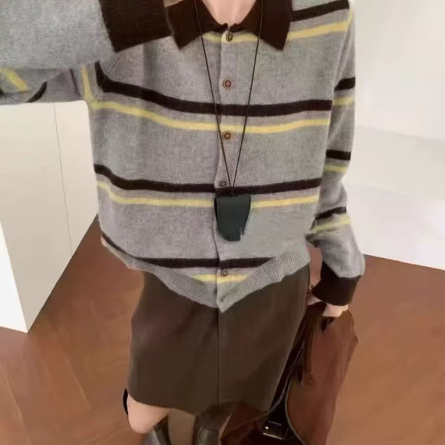 拼色条纹针织开衫毛衣