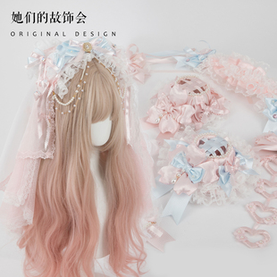 樱花树下的告白Lolita发饰发夹边夹蝴蝶结蕾丝发箍珍珠发带kc扁帽