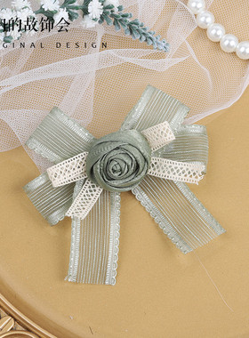 LOLITA头饰橄榄绿色原创设计玫瑰边夹手作蝴蝶结若草色洛丽塔发饰