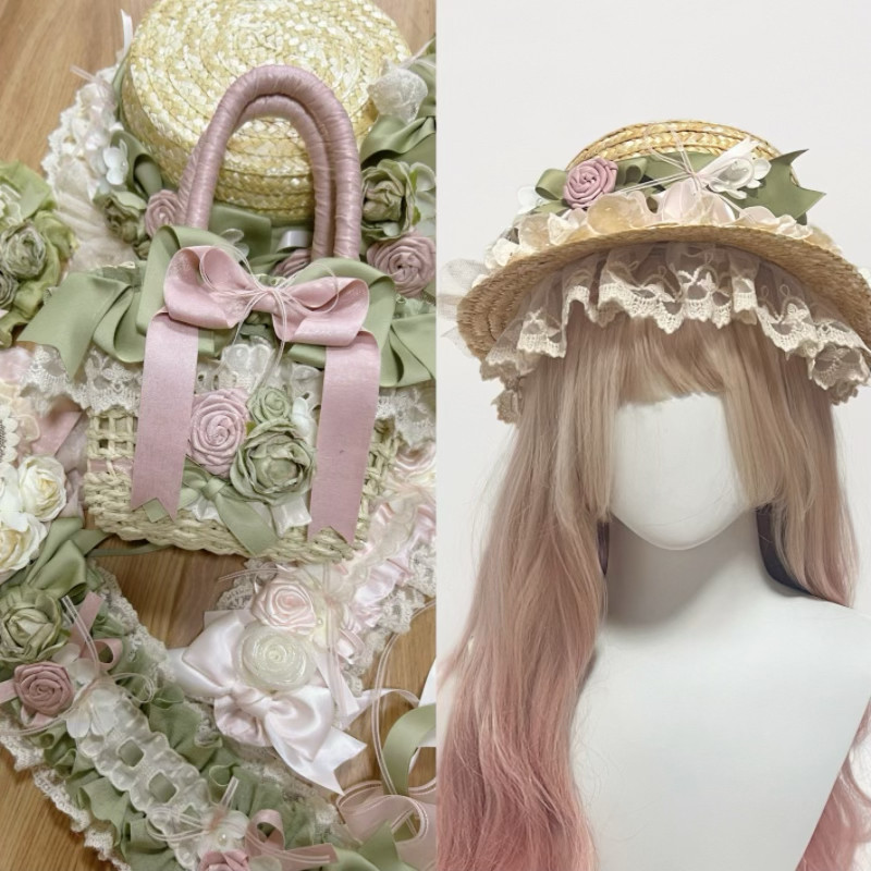 Lolita手作原创野花芳草手作小物四时花粉绿草帽发带洛丽塔配饰