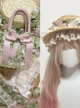 Lolita手作原创野花芳草手作小物四时花粉绿草帽发带洛丽塔配饰