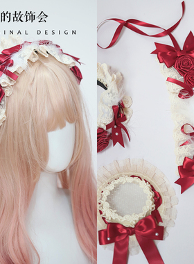 原创红色丝缎芭蕾小物发饰飘逸羽毛蝴蝶结扁帽细闪质感手卷玫瑰花