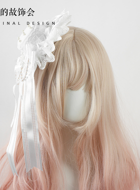 圣诞g白色Lolita蕾丝蝴蝶结发夹小礼帽女珍珠丝带百搭洛丽塔头饰