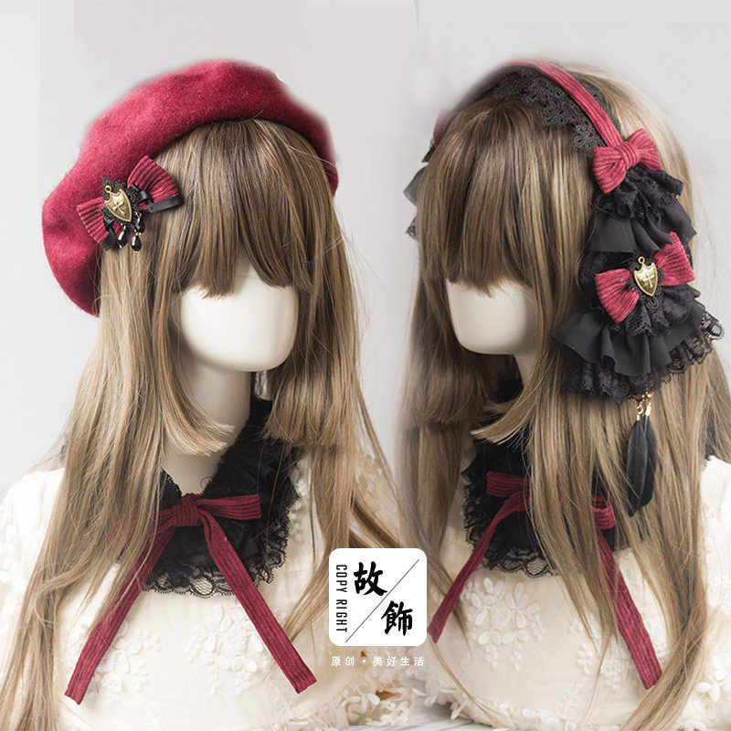 哥特Lolita蕾丝灯芯绒手作发饰 黑麻麻原创蝴蝶结头饰贝雷帽烧饼