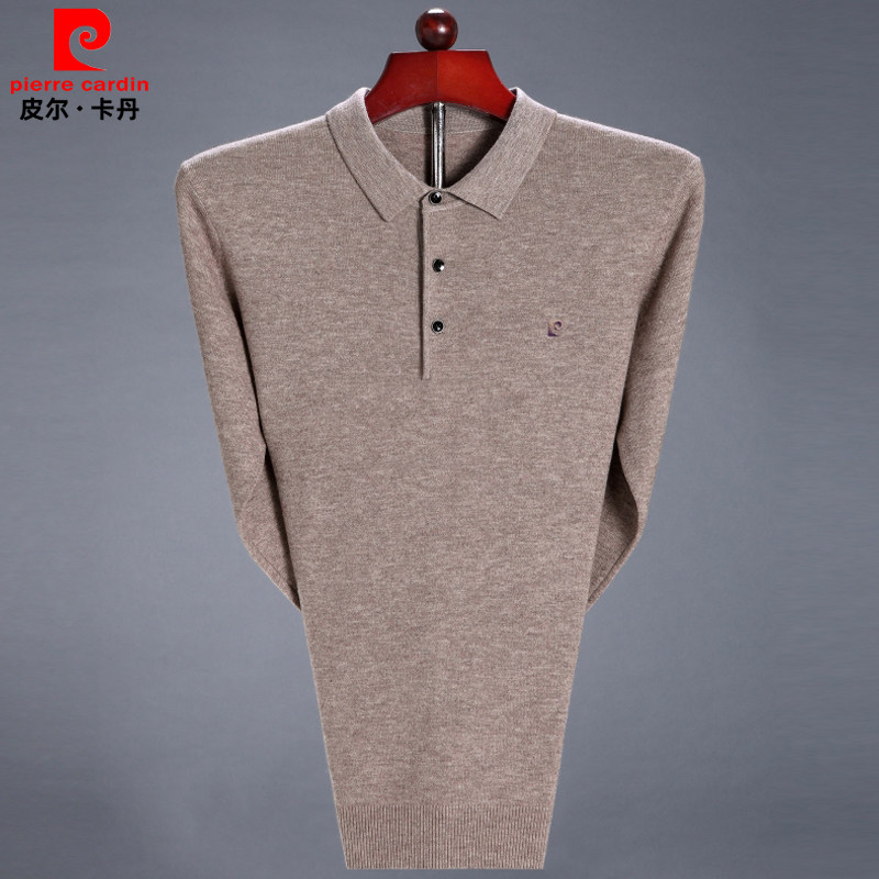 皮尔卡丹羊绒衫男翻领薄款针织衫大码毛衣商务休闲中年爸爸打底衫