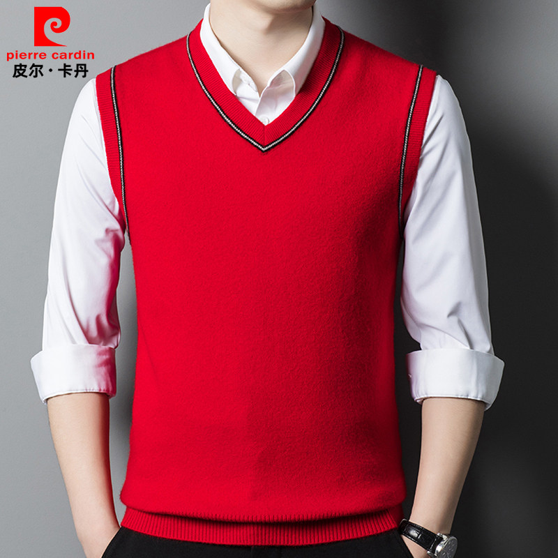 皮尔卡丹打底背心男款春秋商务休闲中年男士红色V领羊绒针织马甲