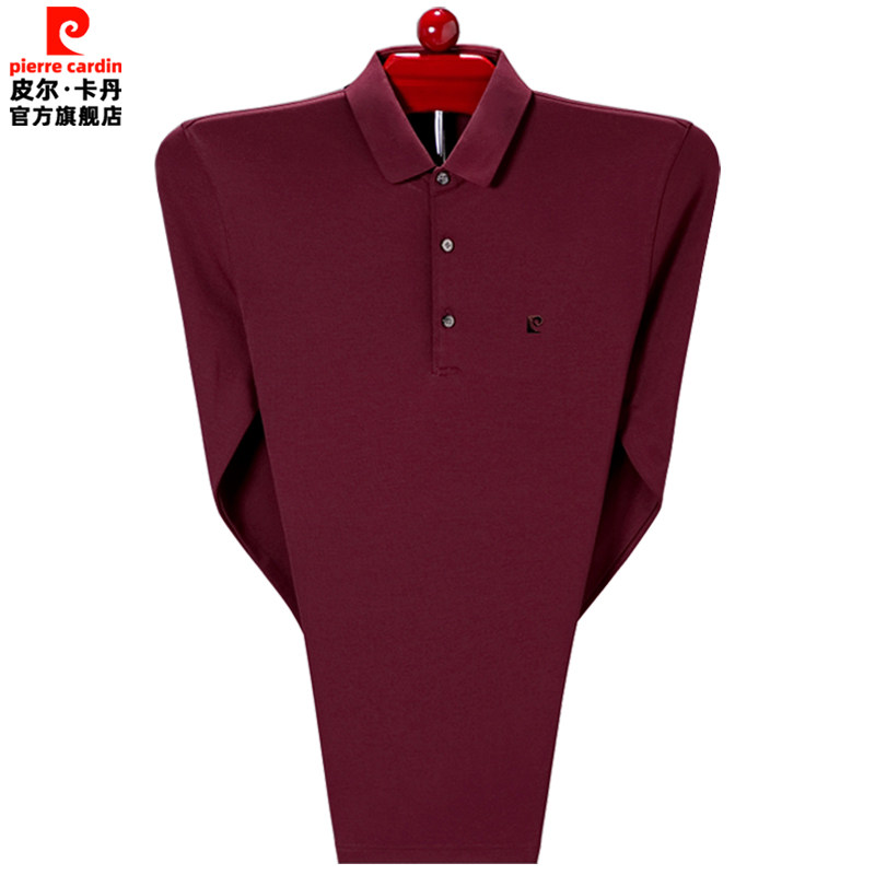皮尔卡丹桑蚕丝长袖t恤男春秋纯色打底衫薄款中年爸爸翻领polo衫
