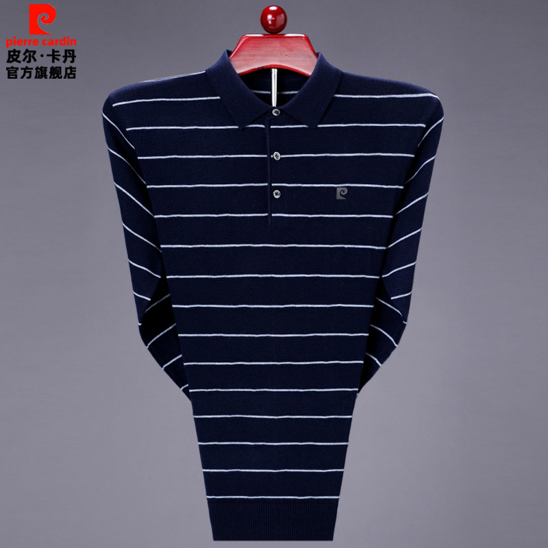 皮尔卡丹老年人长袖t恤男春秋大码羊绒针织打底衫条纹翻领polo衫