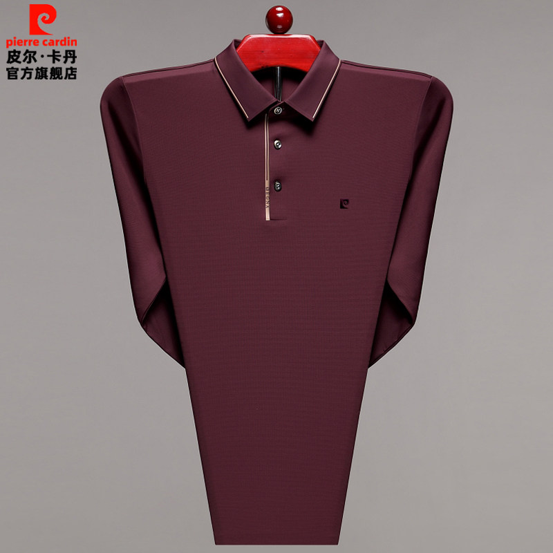 皮尔卡丹桑蚕丝长袖t恤男中年爸爸秋装薄款打底衫宽松翻领polo衫