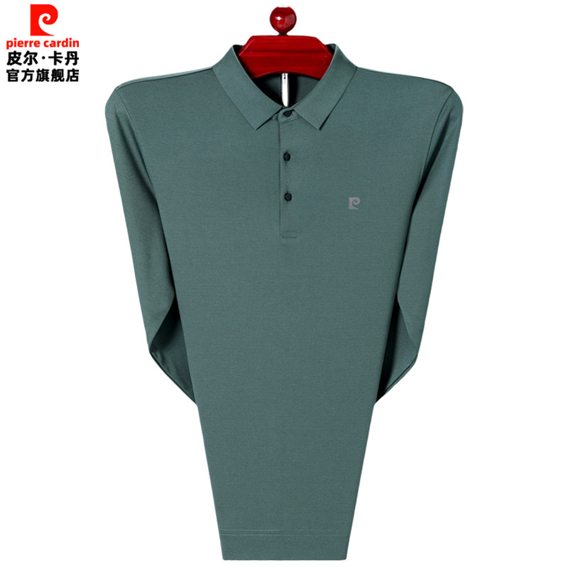 皮尔卡丹桑蚕丝长袖t恤男秋季薄款宽松纯色打底衫中年爸爸polo衫