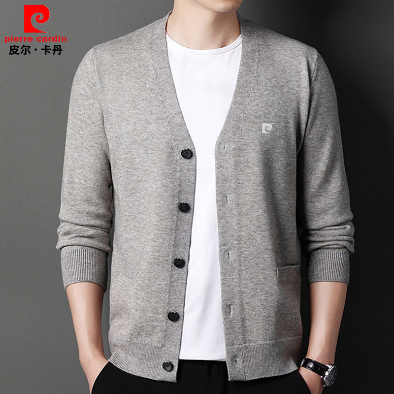 皮尔卡丹男士高端羊绒开衫红色V领针织衫大码男装简约休闲薄外套