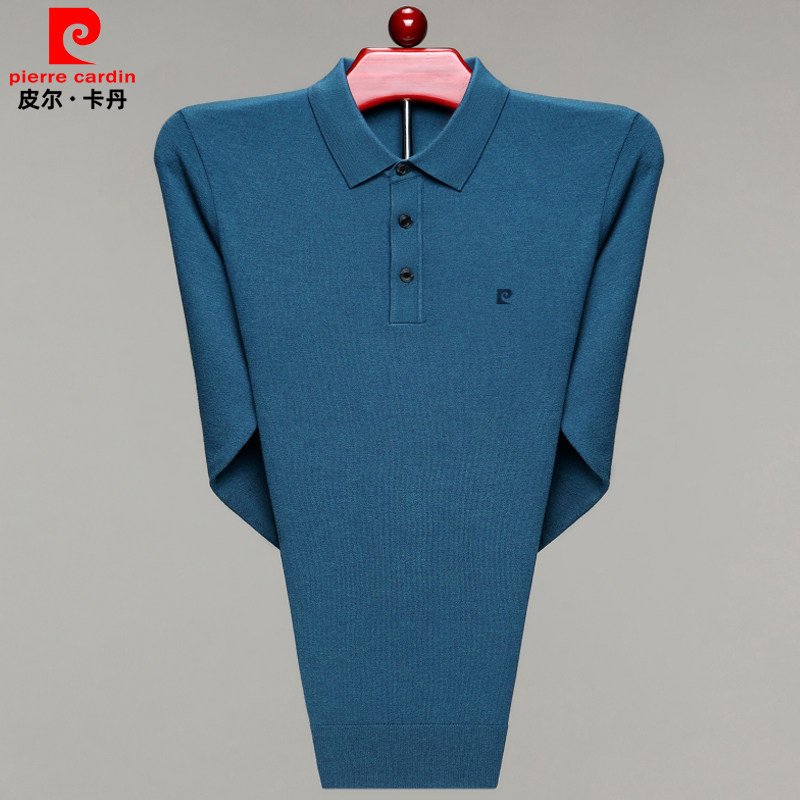 皮尔卡丹中年长袖t恤男秋季羊绒衫男士打底衫大码翻领羊毛polo衫