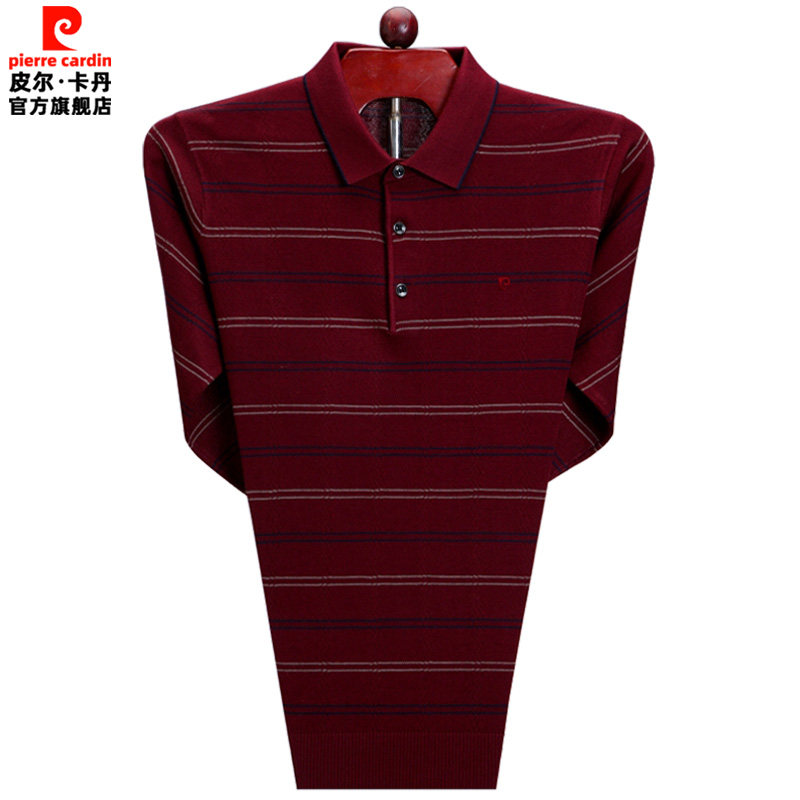 皮尔卡丹条纹长袖t恤男秋季内搭薄羊绒针织打底衫中年爸爸polo衫