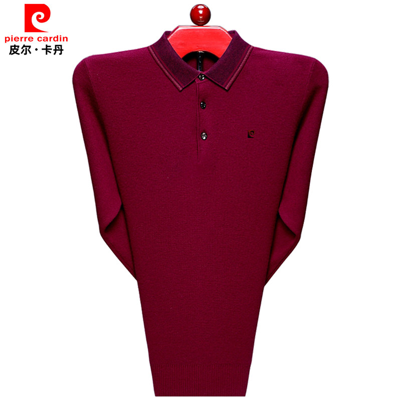 皮尔卡丹中老年羊绒衫男翻领打底衫本命年红色毛衣冬季加厚针织衫