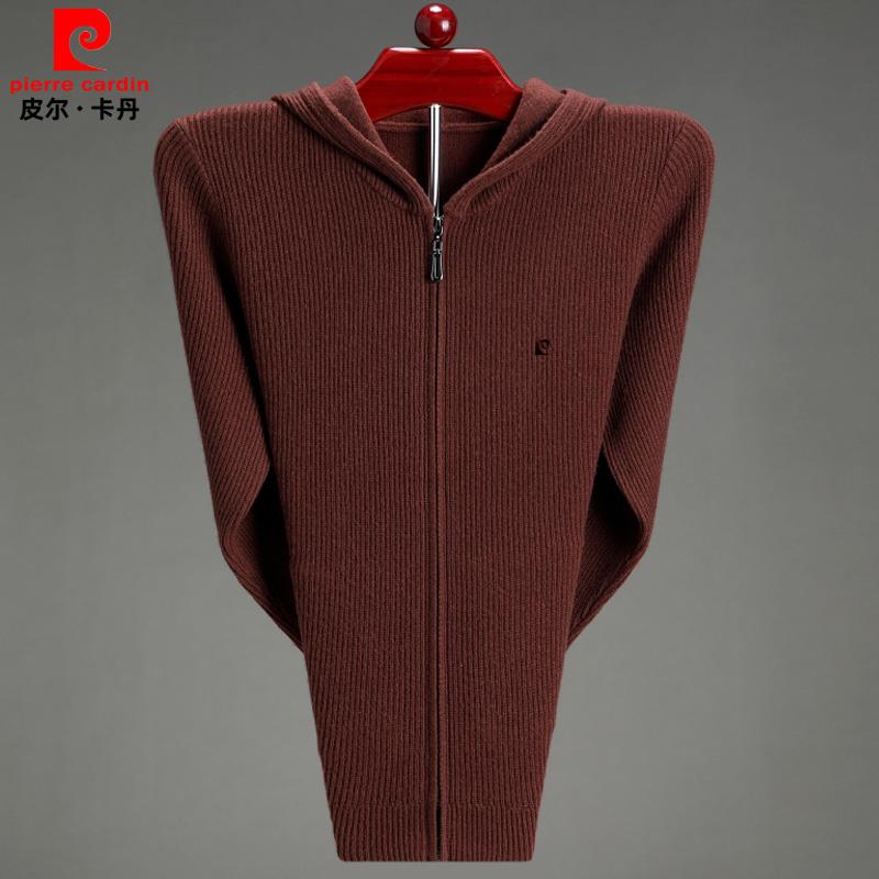 皮尔卡丹羊毛衫男士开衫秋冬款加厚开胸纯羊绒连帽拉链毛衣男外套