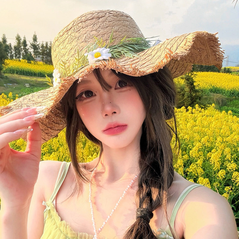 田园风雏菊花环草编草帽子女夏季海边度假遮阳帽大帽檐防晒太阳帽