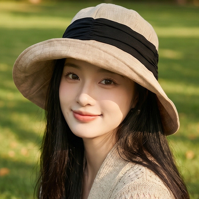 日系大帽檐卷边棉麻渔夫帽子女春夏季户外遮脸防晒帽可折叠遮阳帽