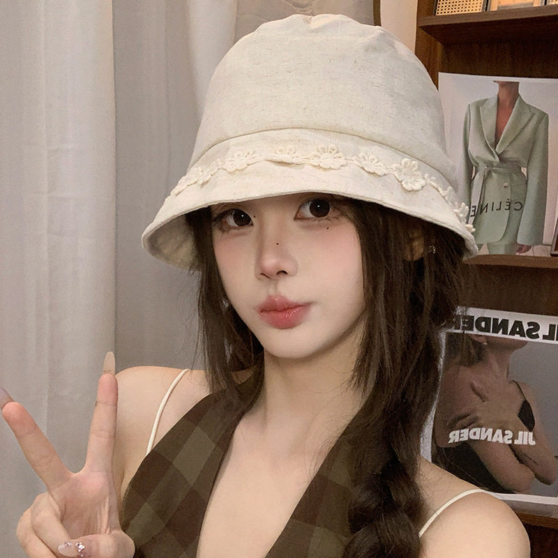 日系花朵棉麻渔夫帽子女春夏季薄款透气百搭显脸小盆帽防晒遮阳帽