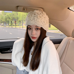 手工钩花编织镂空包头帽女秋冬季大头围保暖冷帽日系文艺针织帽子