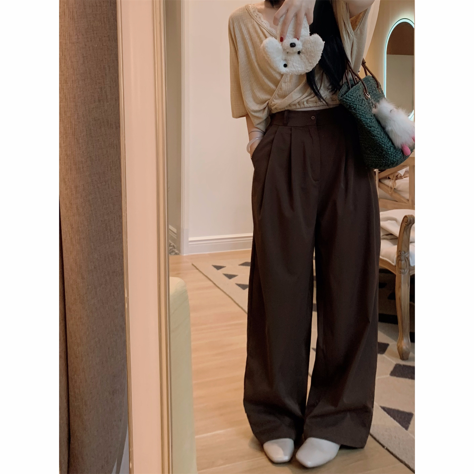 城南边儿8.10脚口可收裤子咖啡色长裤松紧腰阔腿裤