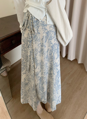 城南边儿9.19国风青花绑带裙一片式有内衬半身裙早秋裙子碎花裙