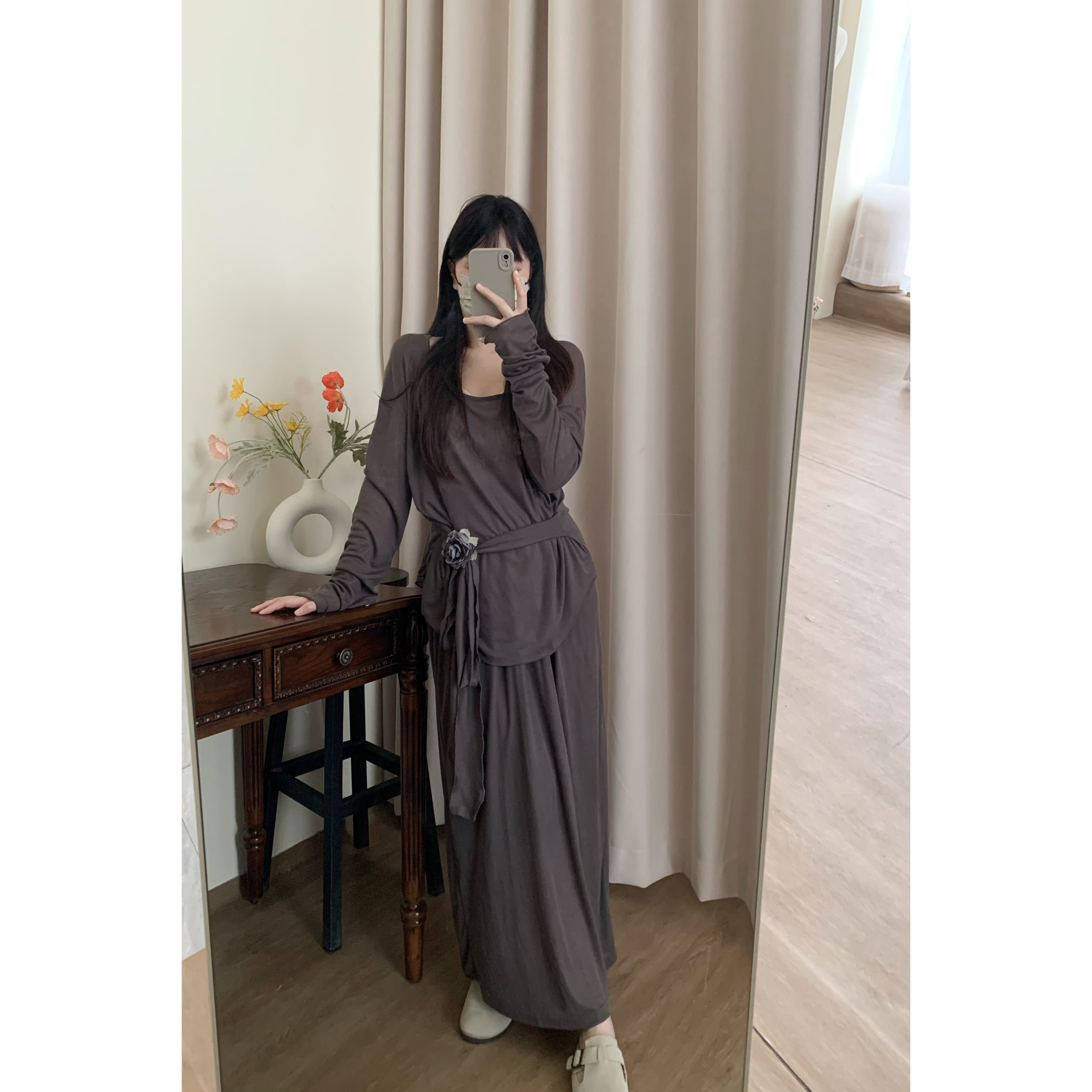 混灰色两件套绑带上衣城南边儿