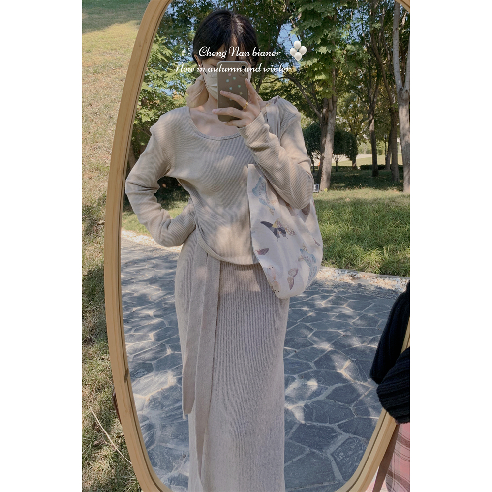 长袖甜美直角肩羊绒棉上衣