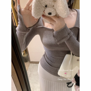 城南边儿1.4通勤瘦瘦套装~【上衣】方领打底基础款袖口开叉弹力棉